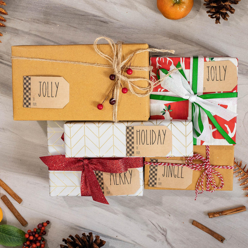 Rustic Kraft Farmhouse Christmas Gift Tag Stickers with Jingle, Merry, Jolly and Holiday – 2 x 3 Inch Holiday Labels, Set of 25 – Charming Holiday Tags, Made in USA