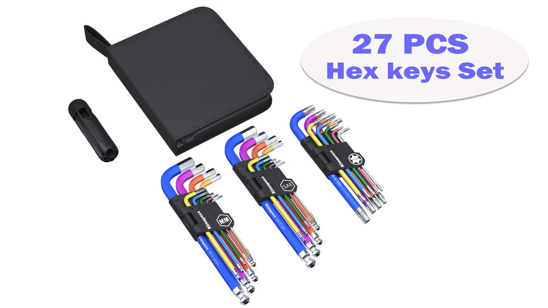 27 PCS Allen Key Set Torx SAE Metric Allen Wrenches Set Long Arm Ball End Hex Key Wrench Sets with T-Handle L-Hex Key Set Metric 1.5 to 10mm SAE 1/16 to 3/8″ Torx T10 to T50 27PCS Torx SAE Metric