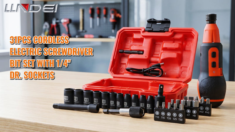 LLNDEI 4V Cordless Electric Screwdriver Set 31Pcs with Bits & 1/4" Sockets