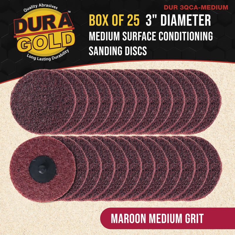 Dura-Gold 3" Diameter Surface Conditioning Discs Maroon Medium Sanding Grit (Box of 25) - R-Type Quick Change Connection Rust and Paint Removal Removes Oxidation and Scale
