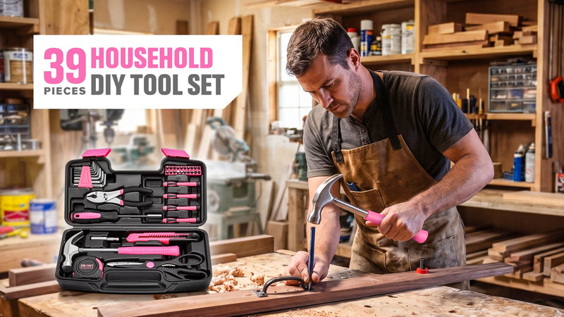 39pcs Pink Household Tool Set, Essential Hand Tool Kit with Plastic Toolbox for Home Repairs, DIY & Crafts, Perfect for Students & Everyday Use