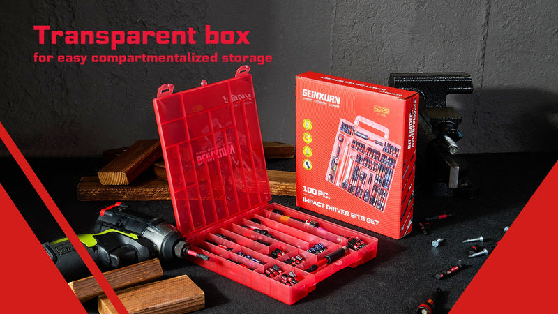 Geinxurn 98Pieces 1”/2” Impact Screwdriver Bits Set, Magnetic S2 Steel (Phillips/Slotted/Square/Torx/Hex/Security Torx) Driver Bits Tips,Impact Bit Holder and Nut Driver with Red Storage Box Case 1"/2"-98PCS Multi-bit Red