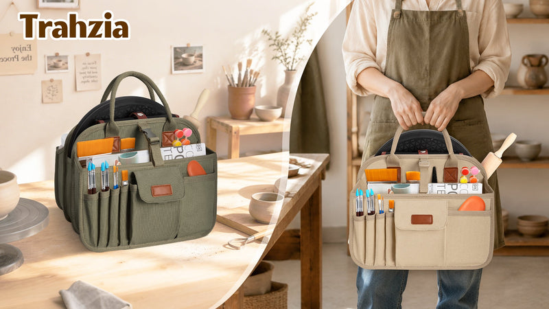 Pottery Tool Organizer Bag, Art Supply Studio Bag, Clay Tool Storage Caddy Khaki+Green