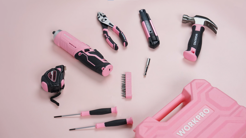 WORKPRO Pink Tool Set, 3.7V Electric Screwdriver Kit with Toolbox