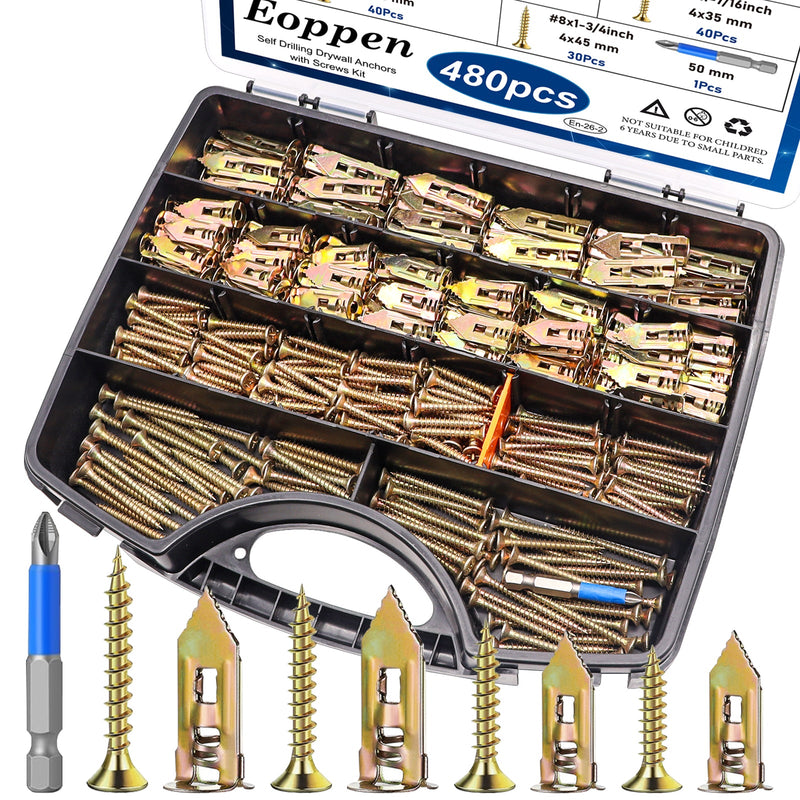 480Pcs Self Drilling Drywall Anchors with Screws Kit, 2 Sizes Sheetrock Anchors & 4 Sizes Expansion Screws, Zinc Plated Steel Drywall Anchors No Drilling Required Holds Up to 66lbs 480Pcs - 6 Sizes-Gold