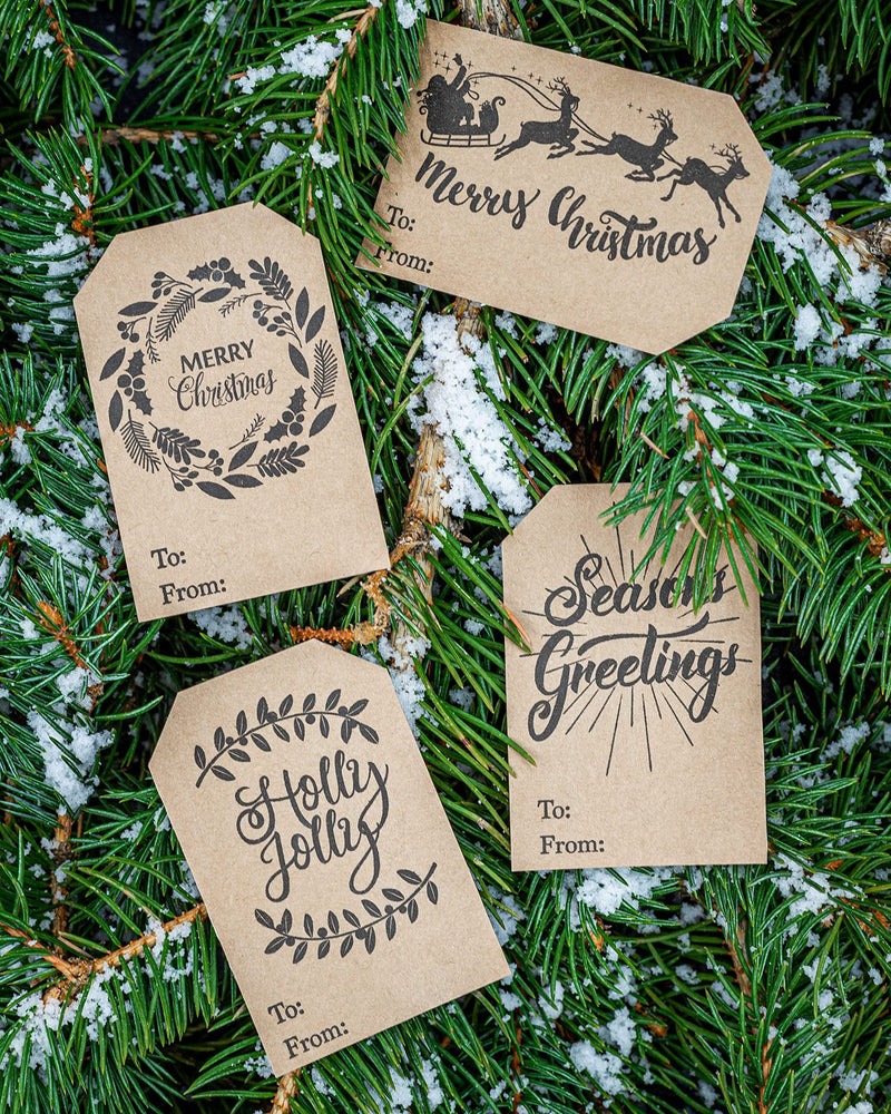 Season’s Greetings Gift Tags – 2 x 3 Inch Natural Kraft Holiday Stickers – 100 Adhesive Labels with 4 Festive Designs – Eco-Friendly and Made in USA