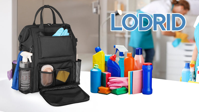 LoDrid Heavy Duty Cleaning Supplies Bag with Steel Frame Top, Black