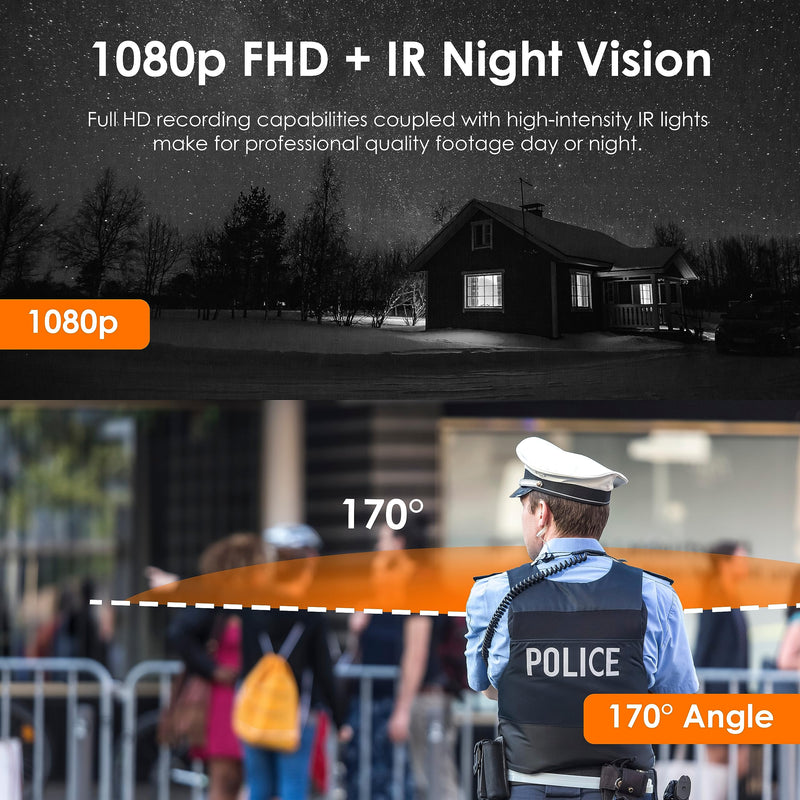 P2 FHD Body Camera - 1080P FHD Body Cam with Infrared Night Vision, Lightweight Wearable Camera, Video Surveillance, 8X Digital Zoom, 170 Degree Lens
