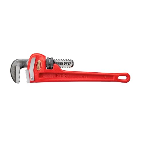 RIDGID 31015 Heavy-Duty Straight Pipe Wrench, 12" Sturdy Plumbing Wrench with Self Cleaning Threads and Hook Jaws, Red, Small 12" Durable