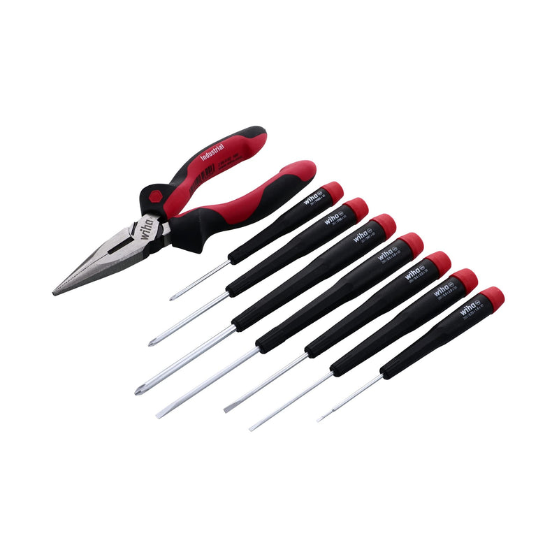 Wiha 26190 Slotted & Phillips Screwdriver Set with Bonus 6.3" Long Nose Pliers, 8 Piece, Extra-Long Handles, Chrome-Plated Slotted & Phillips + Pliers Set, 8 Piece
