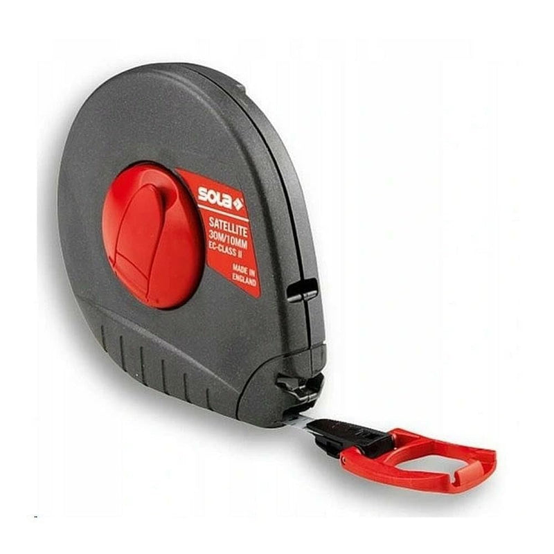 SOLA SATELLTTE - Tape Measure 20 m / 10 mm - Steel Tape, White Varnished with mm Scale - Accuracy Class II - Tape Measure with Multifunctional End Hooks - Length 10 m, 20 m, 30 m