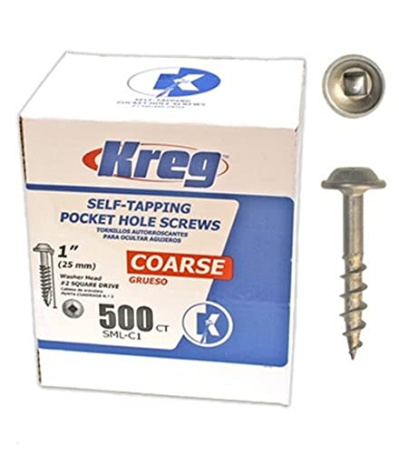 Kreg Zinc Pocket-Hole Screws - SML-C1-500 - 1 Inch - Coarse Thread - Maxi-Loc Head - Indoor - 500 Count