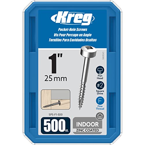 Kreg Zinc Pocket-Hole Screws, Pocket Hole Screws, 500 Count, 1-Inch