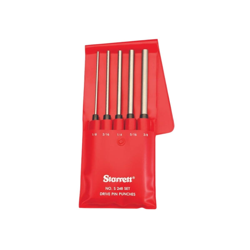 Starrett Extra-Long Drive Pin Punch Set with Knurled Grip and Protective Vinyl Case - 8" Length, 1/8", 3/16", 1/4", 5/16", 3/8" Punch Diameter - Set of 5 - S248PC 5 Piece Set