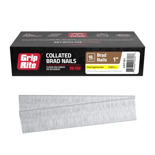 Grip-Rite 18-Gauge Collated Straight Brad Nails - Electro-Galvanized Steel Nails for Trim and Interior Finishing Applications - 1" - 5000 Count - GRF181