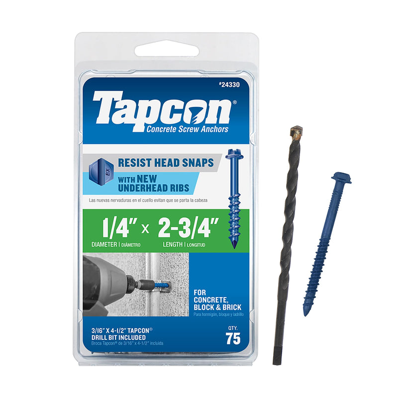 Tapcon 1/4 x 2-3/4 Inch Blue Climaseal® Hex Head Concrete Anchors, 75 PCS, Corrosion Resistant Coating, Heavy-Duty Concrete and Masonry Screws, Superior Holding Strength, Drill Bit Included 1/4" x 2-3/4" 75.0