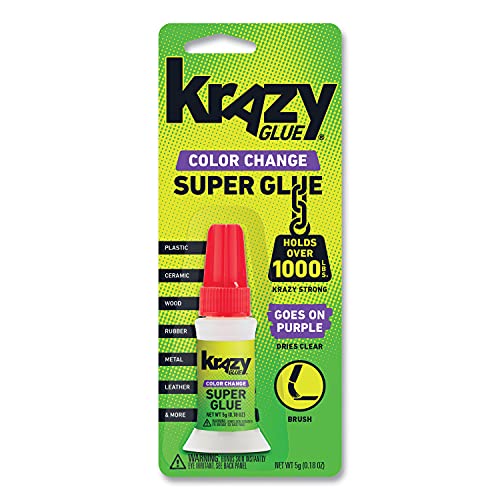 Krazy Glue Color Change Super Glue, 5g, Brush-On Applicator, Goes On Purple & Dries Clear, No-Clog Bottle, Multi-Surface Strong Adhesive Bonds Plastic, Wood, Metal, Ceramic, Rubber, Vinyl & Glass
