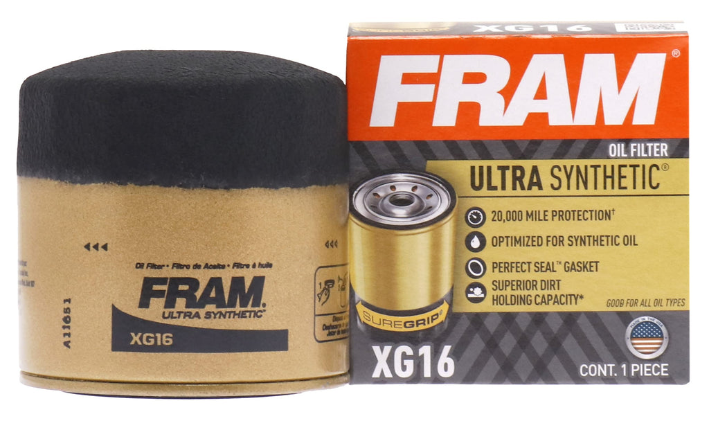 FRAM Ultra Synthetic Automotive Replacement Oil Filter, Designed for Synthetic Oil Changes Lasting up to 20k Miles, XG16 with SureGrip (Pack of 1) One Size