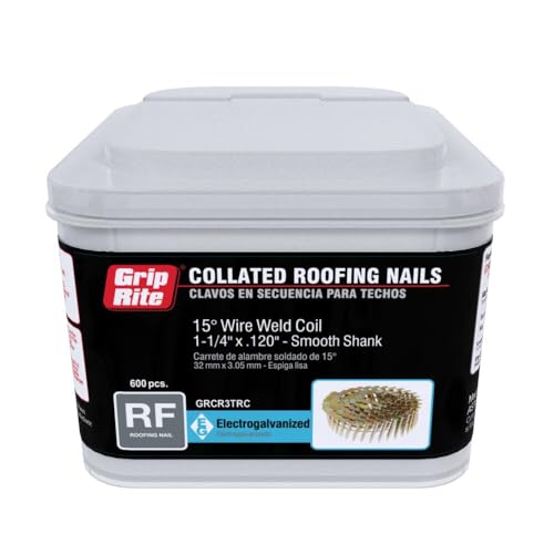Grip-Rite 1-1/4-Inch 15? Electro-GALVANIZED Coil Roofing Nails, Smooth Shank, 600 nails per tub 1-1/4 "