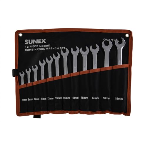 Sunex Tools 9917MA Metric V-Groove Combination Wrench Set, 8mm - 19mm, Fully Polished, 12-Piece (Includes Roll-Case)
