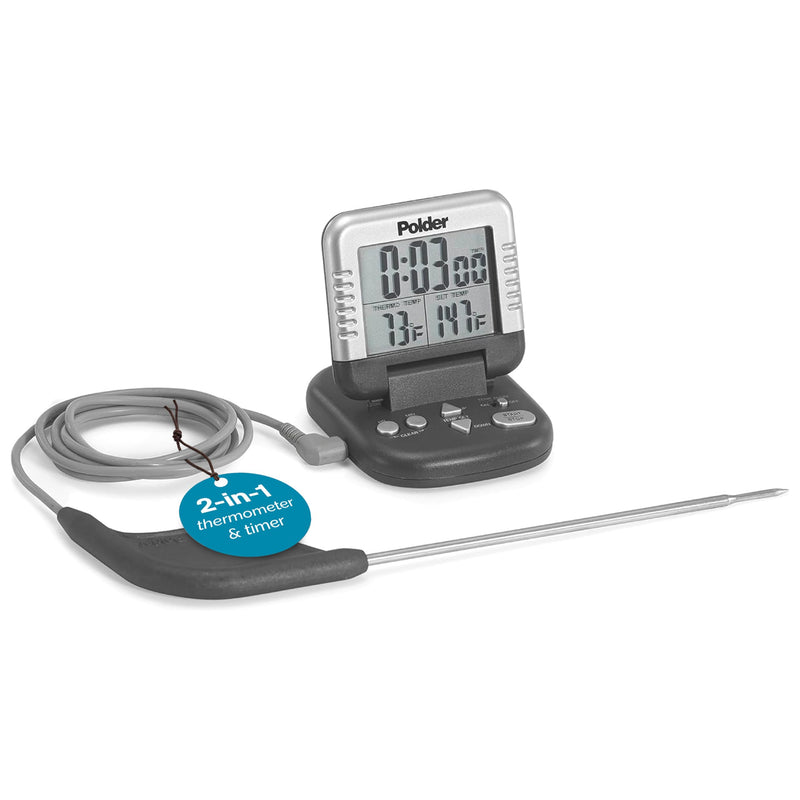 Polder Classic Digital Thermometer and Timer, Meat Thermometer for Cooking, Stainless Steel Probe, 24-Hour Countdown Timer with 40" Long, High-Heat Silicone Cord Graphite