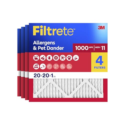 Filtrete 20x20x1 Air Filter, MERV 11, MPR 1000, Allergens & Pet Dander, 3-Month AC and Furnace Filters, Cleaner Air, Reliable Airflow, 4 HVAC Filter (Actual Size 19.68 x 19.68 x 0.81 in)