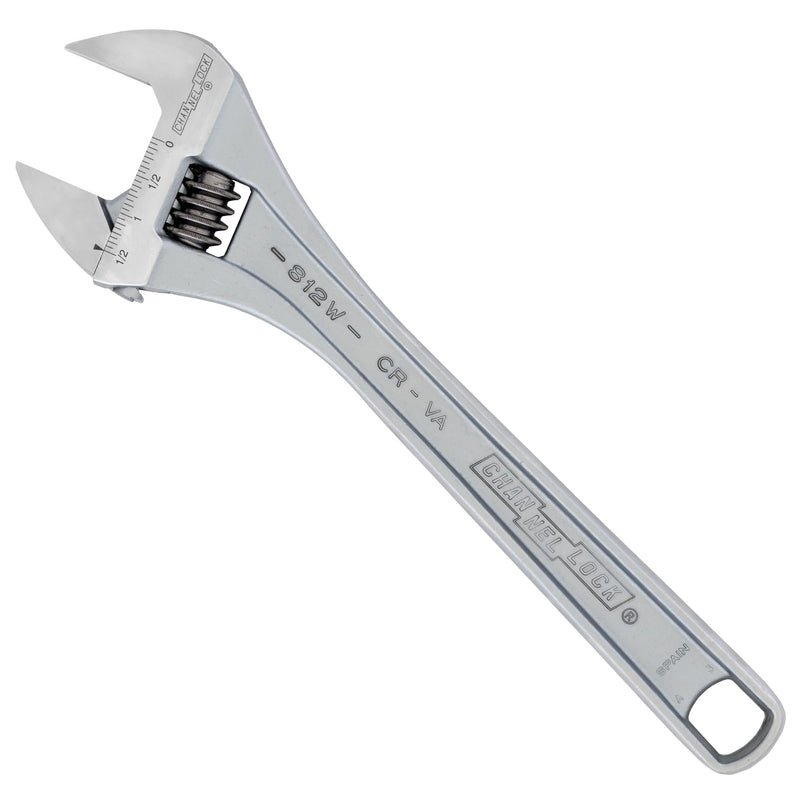 Channellock Adjustable Wrench 812W - Wide Jaw, Precise Grip, Measurement Scales - 12 in Chrome/Nickel