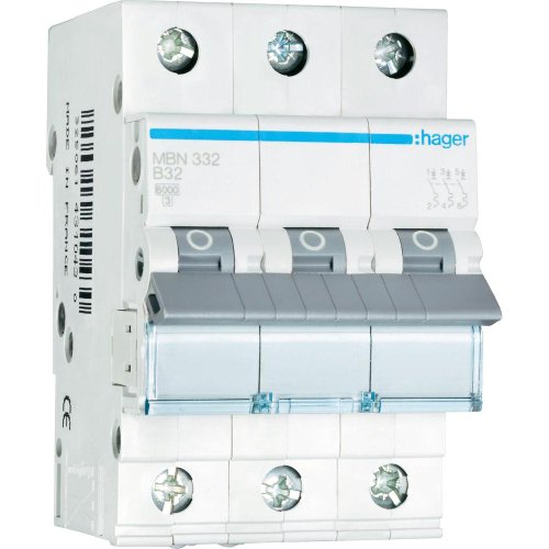 Hager-Mbn332-breaker | Circuit breaker with 3 modules for DIN rail, 70 mm installation depth, according to DIN EN 60898-1 for overload and short-circuit protection