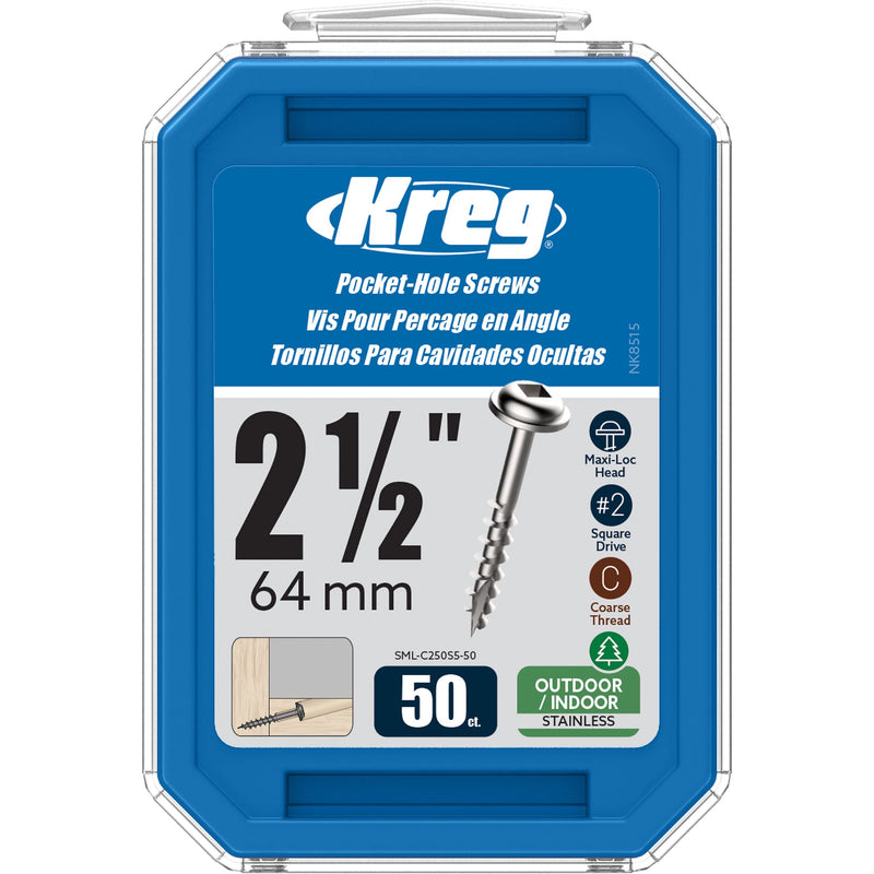 Kreg Stainless Steel Pocket Hole Screws - SML-C250S5-50 - 2-1/2-Inch - Coarse Thread - Maxi-Loc Head - Outdoor - 50 Count
