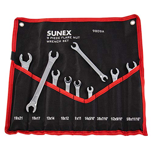 Sunex Tools 9809A Flare Nut Wrench Set, 1/4"x5/15" - 5/8" - 11/16", 9mm x 11mm - 19mm x 21mm, Fully Polished, 9-Piece (Includes Roll-Case), SAE & Metric