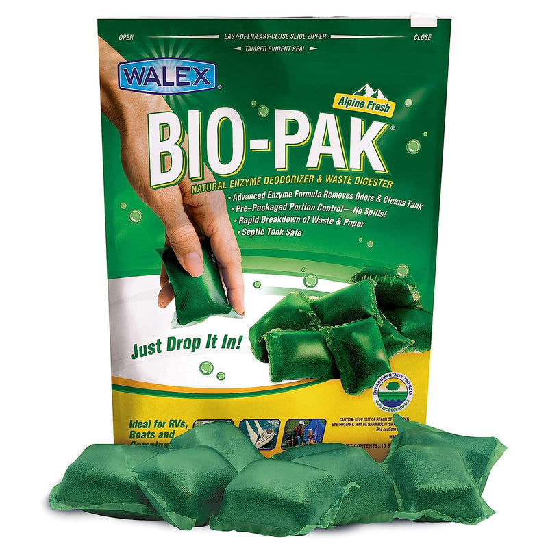 Walex Bio-Pak Black Holding Tank Deodorizer & Waste Digester Drop-Ins - Advanced Enzyme Formula for Rapid Breakdown of Waste & Paper, Removes Odors & Cleans Tank; Alpine Fresh, 10-Pack