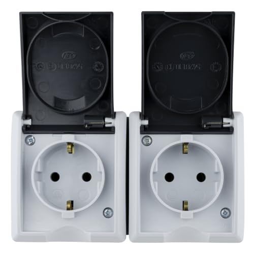 REV AquaForm Double Socket, Wet Room Socket, IP44, 1-Pole, Surface-Mounted, Grey 1 x horizontal double socket