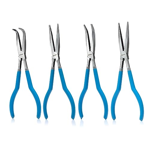 NEIKO 02105A (4) Long Nose Plier 11” Long Reach, Straight, Angle, Curved Pliers, 45 & 90 Degree, bent Head Needle Nose Pliers Set for Mechanics, Long Handle Pliers Long Nose Pliers