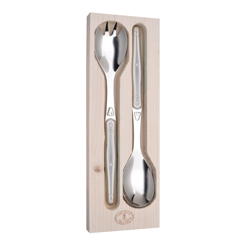 Jean Dubost Salad Servers, Stainless Steel Handles - Rust-Resistant Stainless Steel - Includes Wooden Tray - Made in France Silver