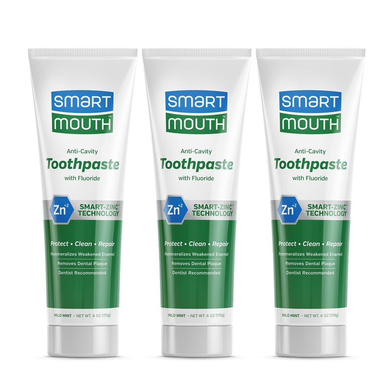 SmartMouth Anti-Cavity + Zinc Toothpaste - Fluoride for Cavity Prevention - Remineralizes Enamel - Sensitive Whitening - Alcohol-Free, Sugar-Free & Gluten-Free - 6 oz, 3-Pack
