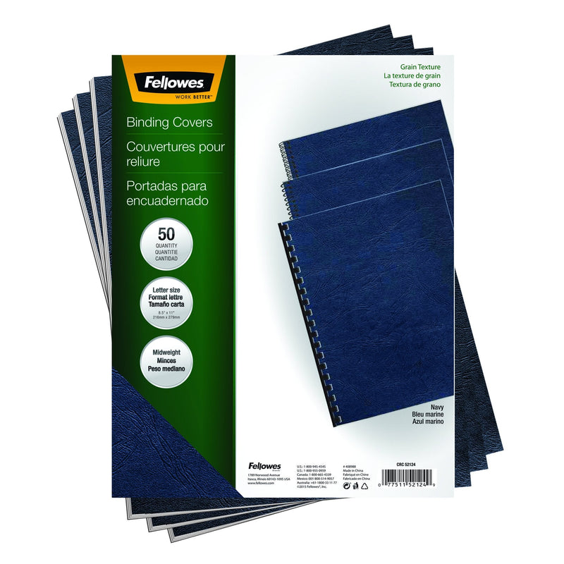 Fellowes Letter Size Binding Covers Expressions Grain, 50-Pack, Navy (52124) 50 Pack