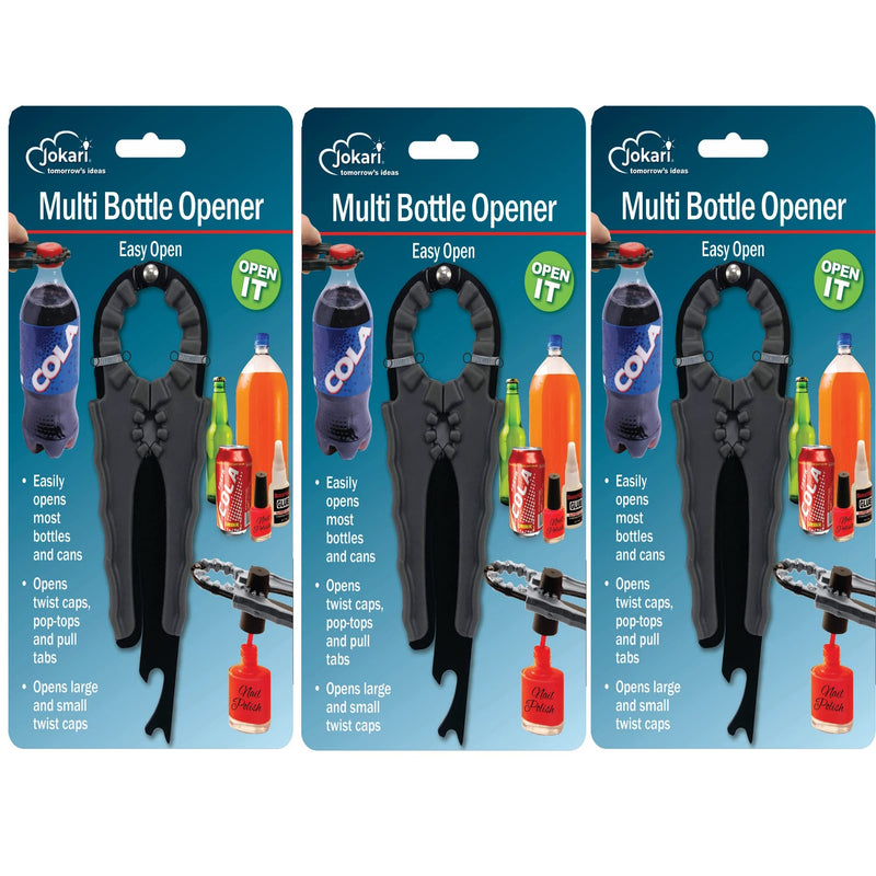 Jokari 3-Pack Multi Bottle Opener – Jar Lid Opener, Can Tab Lifter, Twist Cap Gripper – Ergonomic Kitchen Tool for Weak Hands or Arthritis – Opens Soda, Beer, Nail Polish, and More