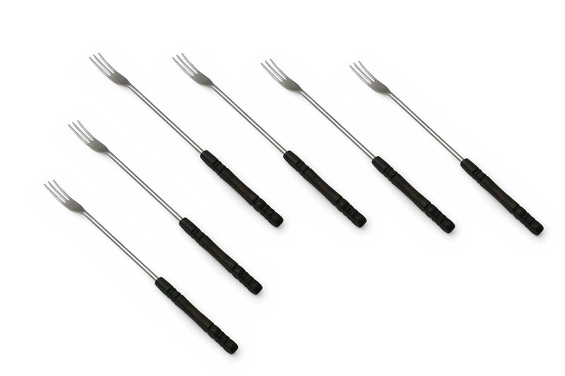 Swissmar Cheese Fondue Forks – Set of 6 with Dark Wood Numbered Handles – Stainless Steel 3-Tine Curved Tips – Heat Resistant – 10” Long Fondue Forks for Cheese, Bread, & Entertaining Cheese Forks