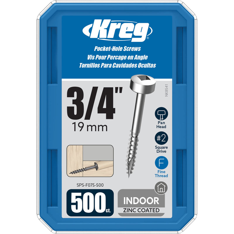 Kreg Zinc Pocket-Hole Screws - SPS-F075-500 - 3/4-Inch - Fine Thread - Pan Head - Indoor - 500 Count