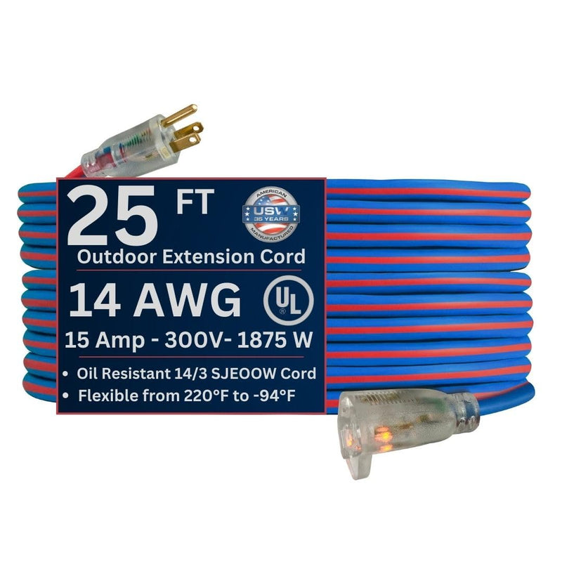US Wire and Cable 14/3 Gauge x 25-Foot Extreme Cold Weather Extension Cord – Heavy-Duty, 221°F to - 94°F Rating, Lighted Plug, Blue and Red, SJEOOW, Weather-Resistant, Ideal for Outdoor & Indoor Use 25 ft
