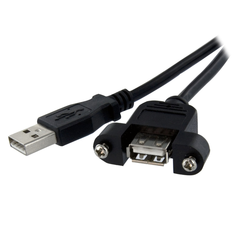 StarTech.com 1 ft Panel Mount USB Cable A to A - F/M - USB extension cable - USB (M) to USB (F) - USB 2.0 - 1 ft - molded, thumbscrews - black - USBPNLAFAM1