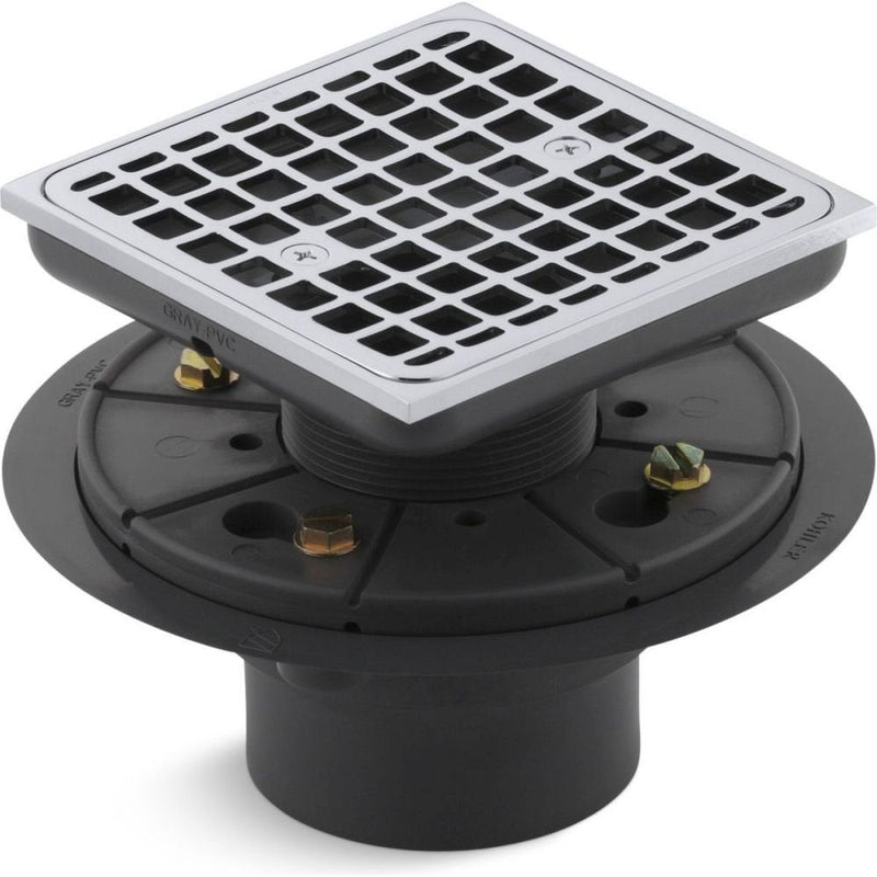 KOHLER K-9136-CP Clearflo Square Design Tile-In Shower Drain, Removable Grid Plate, 2" & 3" PVC Connection, Corrosion Resistant, Polished Chrome