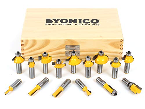 YONICO Router Bits Set 15 Bit 1/2-Inch Shank 17150 Professional Carbide Tipped Roundover, Cove, Chamfer, Bevel, Dovetail, Straight, Flush Trim, Slotting, Roman Ogee fresas de Router para Madera 15 Bit Set - 1/2" Shank