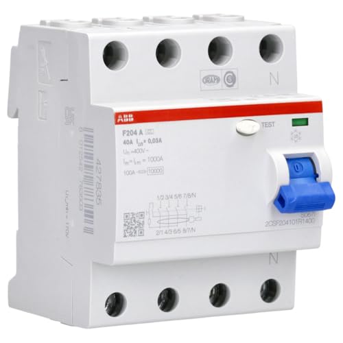 ABB RCD ABB Residual current circuit breaker 4-pole, 40 A 0.03 | RCCB für Personen-, Sach- & Brandschutz Montage auf DIN-Schiene ideal für Haus Gewerbe & Industrieanlagen 2CSF204101R1400