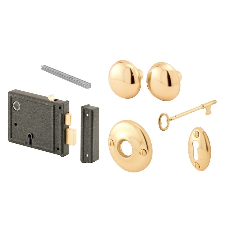 Prime-Line E 2478 Horizontal Trim Lock Set, 3-3/8 In. Backset, Black Housing w/Brass Plated Knobs (1 Set) 3-3/8 in.