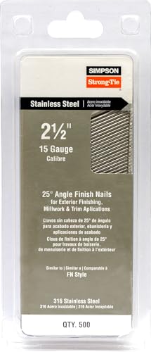 Simpson Strong-Tie T15N250FNB 25° Angle, Adhesive Collation, FN-Style, 15-Gauge Finishing Nail — 2-1/2 in. Type 316 (500-Qty)