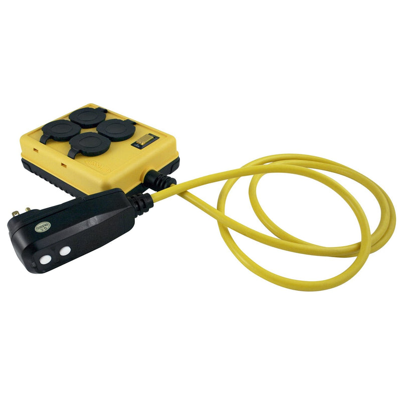 Woods 2516 Coleman Duplex Right Angle Quad Box with Gfci; 125 V; 15 A; 14/3 Awg Sjtw; Gauge; Yellow