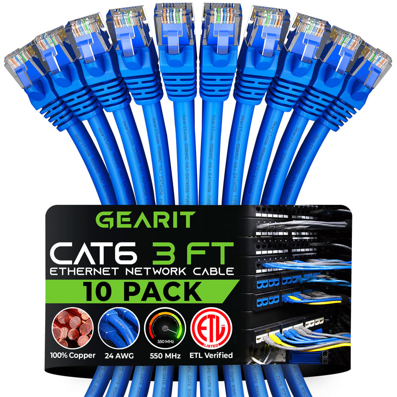 GearIT Cat 6 Ethernet Cable 3 ft (10-Pack) - Cat6 Patch Cable, Cat 6 Patch Cable, Cat6 Cable, Cat 6 Cable, Cat6 Ethernet Cable, Network Cable, Internet Cable - Blue 3 Feet