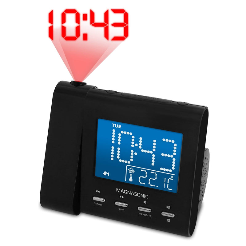 Magnasonic Projection Alarm Clock with AM/FM Radio, Battery Backup, Auto Time Set, Dual Alarm, Nap/Sleep Timer, Indoor Temperature/Date Display with Dimming & 3.5mm Audio Input - Black (EAAC601) Black Body