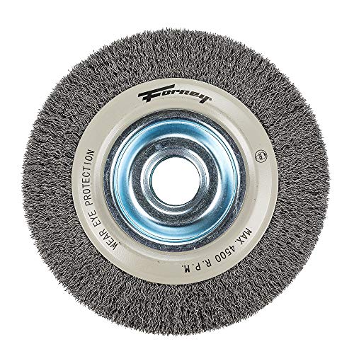 Forney 72897 Wire Bench Wheel Brush, Industrial Pro Crimped with 1/2-Inch Through 2-Inch Multi Arbor, 8-Inch-by-.012-Inch